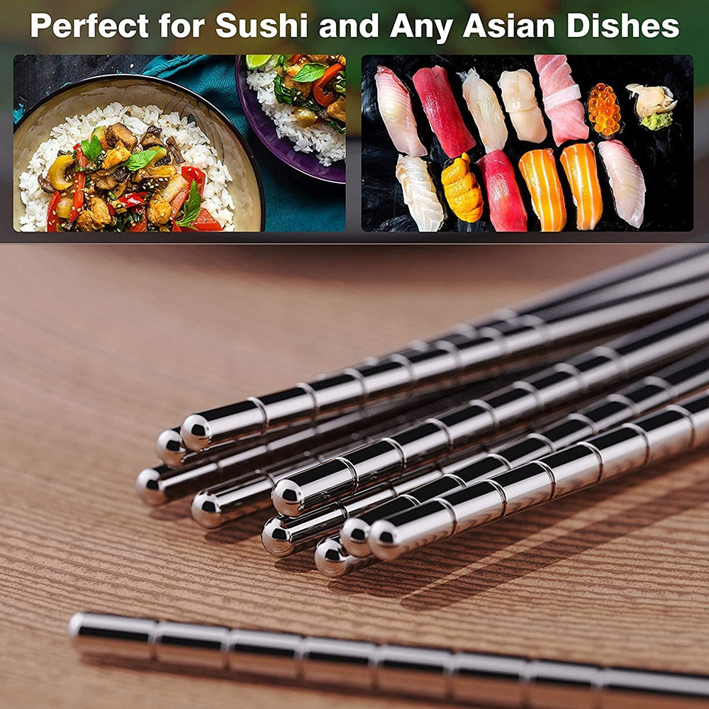 Reusable Sushi Chopsticks Set 304 Stainless Steel Non-Slip Japanese Food Chinese Korean Metal Chop Sticks Dishwasher Safe